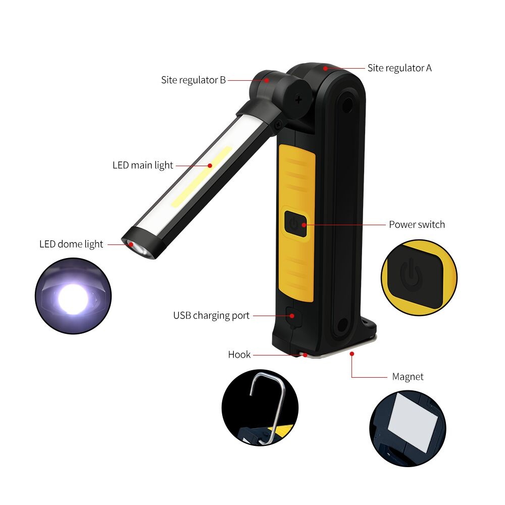 360 Degree Folding USB Charging COB LED Highlight Working Flashlight for Emergency yellow - Image 2