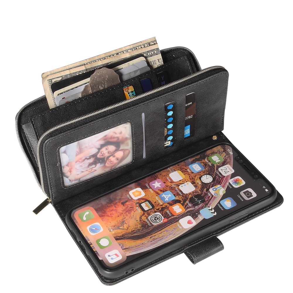 For iphone X/XS/XS MAX/11/11Pro Pu Leather Mobile Phone Cover Zipper Card Bag + Wrist Strap black - Image 2