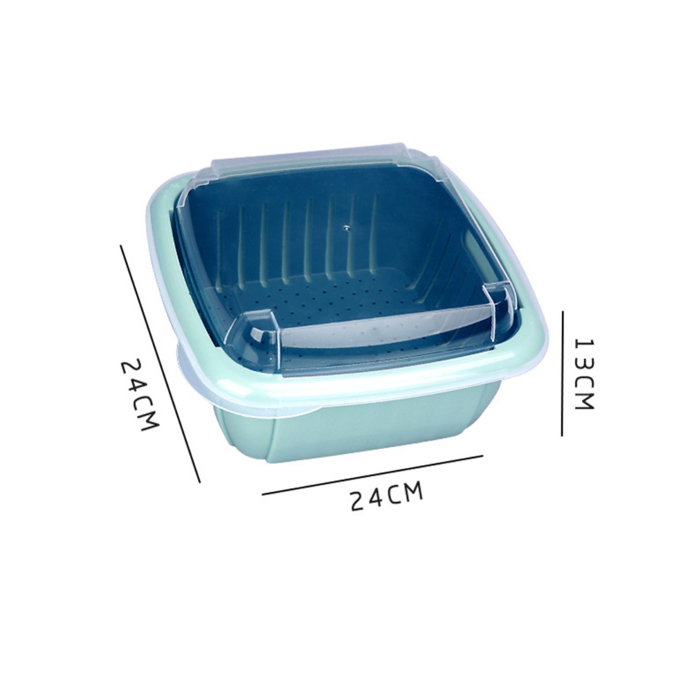 Double Tier Storage Box with Lid Household Refrigerator Fruit Vegetable Drain Basket Lake Blue_24 * 24 13cm