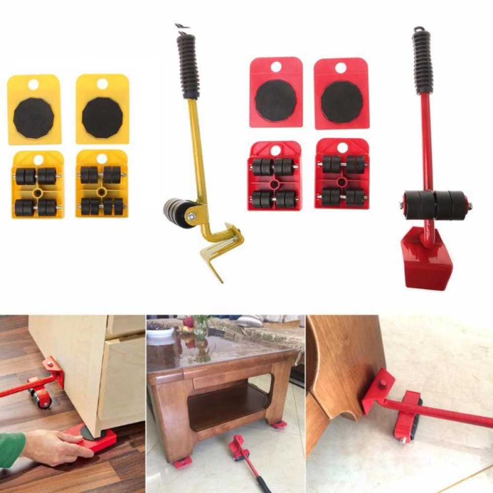 Furniture Mover Tool Set Transport Lifter Heavy Stuffs Moving 4 Wheeled Roller+1 Wheel Bar Hand Tools Full red - Image 2