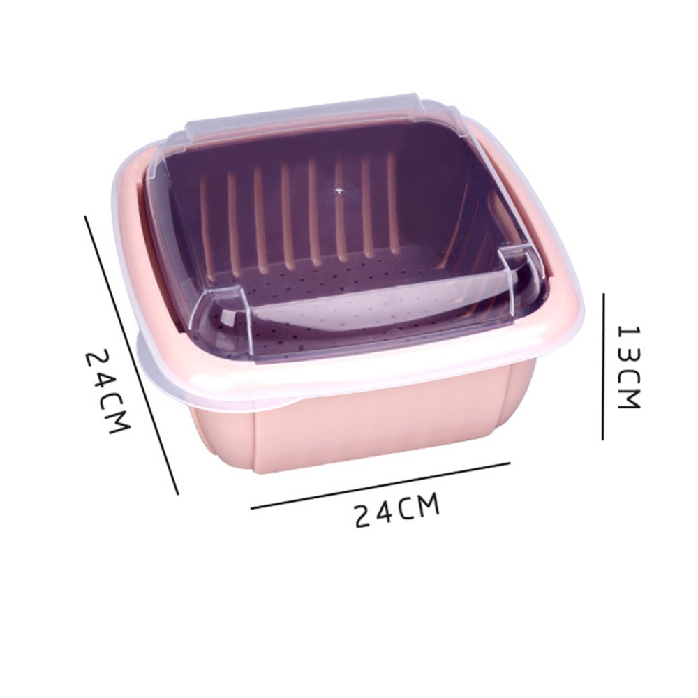 Double Tier Storage Box with Lid Household Refrigerator Fruit Vegetable Drain Basket Pink_24 * 24 13cm