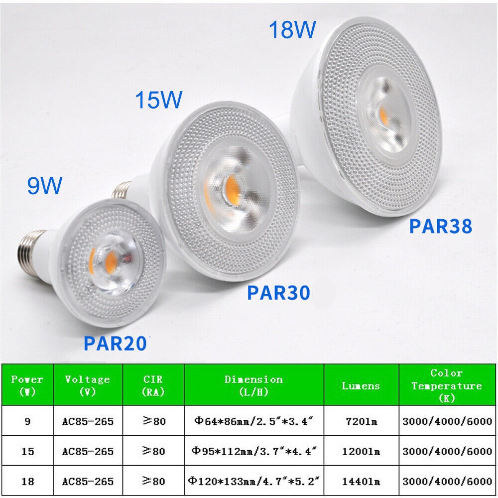 9W/15W/18W AC85-265V E27 LED PAR20 PAR30 PAR38 Bulb Not Dimmed White light