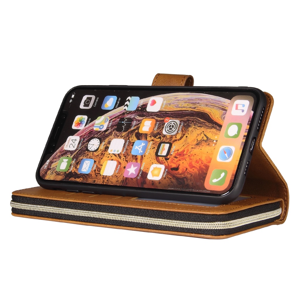 For iphone X/XS/XS MAX/11/11Pro Pu Leather Mobile Phone Cover Zipper Card Bag + Wrist Strap brown - Image 2