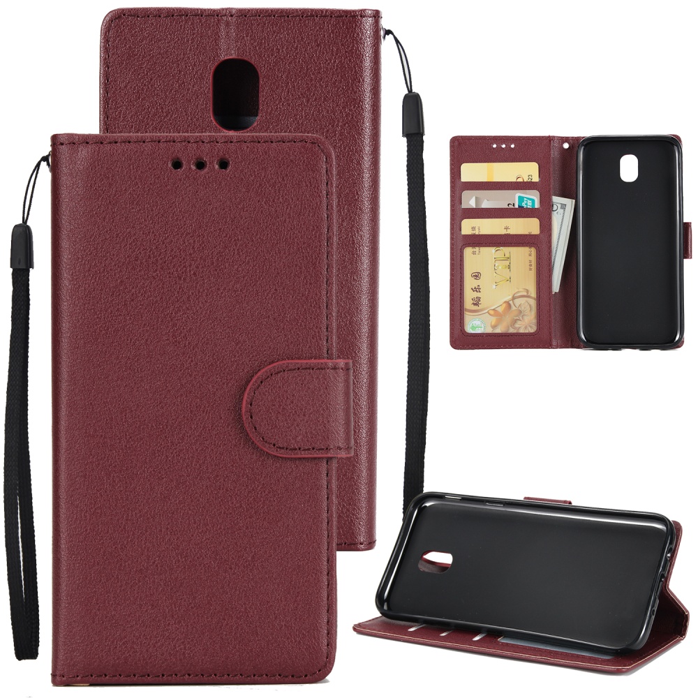 For Samsung J7 2017 European Edition/J730/J7 PRO PU Leather Protective Phone Case with 3 Card Position wine red - Image 2