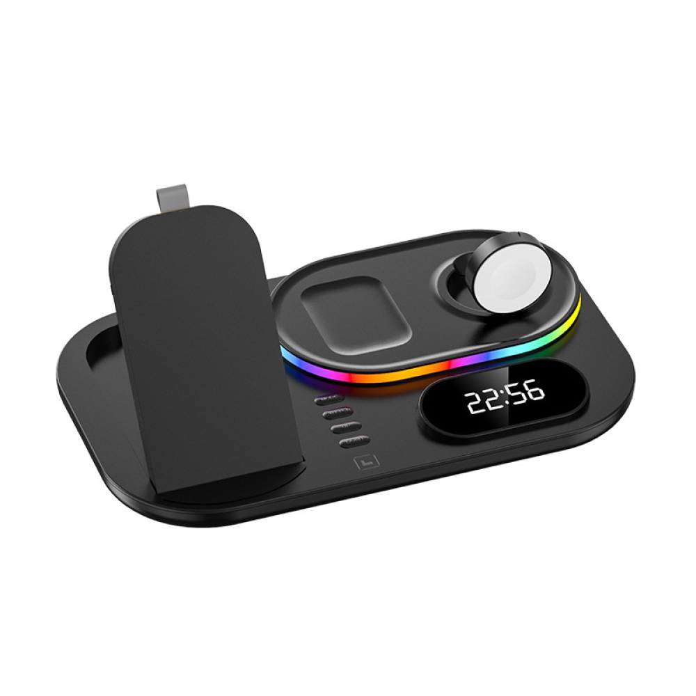 4 In 1 Alarm Clock Wireless Charger For Airpods Pro Iwatch Rgb Led Fast Charging Station Iphone Black - Image 2