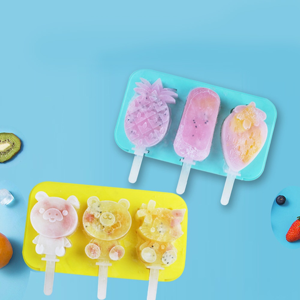 3 Cavities Silicone Ice Cream Mold Reusable Cubes Tray Popsicle with Stick random_Banana radish mango - Image 3