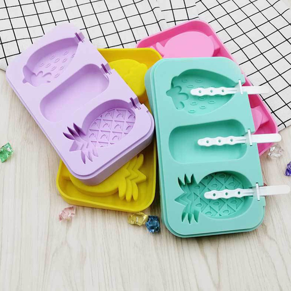 3 Cavities Silicone Ice Cream Mold Reusable Cubes Tray Popsicle with Stick random_Banana radish mango - Image 2