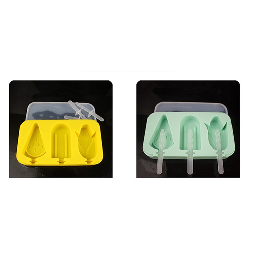 3 Cavities Silicone Ice Cream Mold Reusable Cubes Tray Popsicle with Stick random_Watermelon Corn Classic Box - Image 2