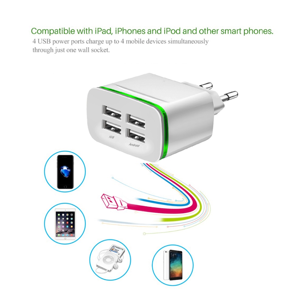 4 Ports USB Charger for Phone EU Plug 5V 4A Mobile Universal Fast Charge with LED Light iPhone iPad black - Image 2