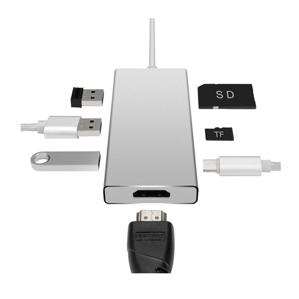 USB C Hub 7-in-1 Adapter Type Power Delivery HDMI Output SD & TF Card Reader 3 3.0 Ports Silver - Image 2