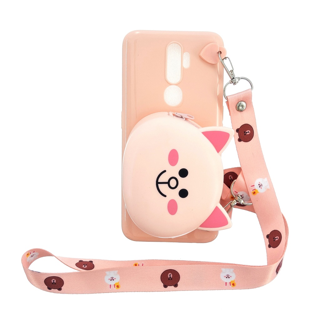 For OPPO A83/A9 2020 Cellphone Case Mobile Phone TPU Shell Shockproof Cover with Cartoon Cat Pig Panda Coin Purse Lovely Shoulder Starp Pink - Image 2