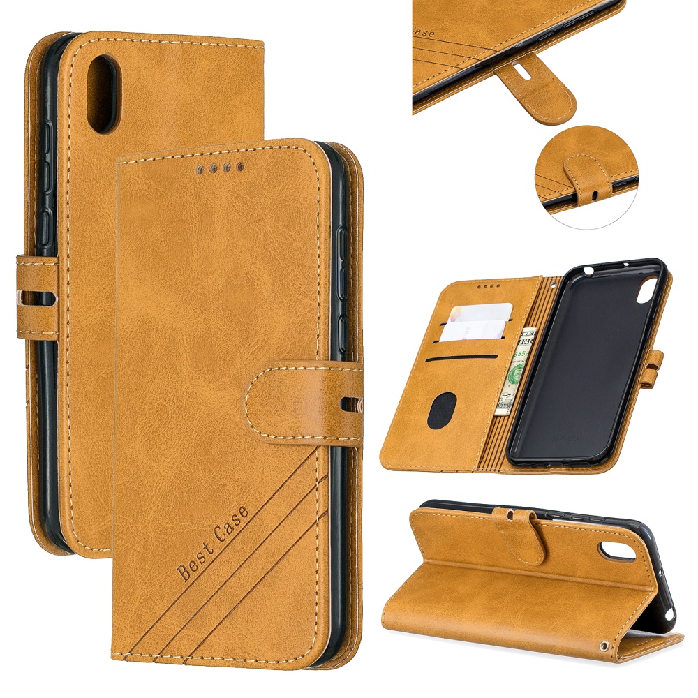 For HUAWEI Y5 2019 Denim Pattern Solid Color Flip Wallet PU Leather Protective Phone Case with Buckle & Bracket yellow - Image 2