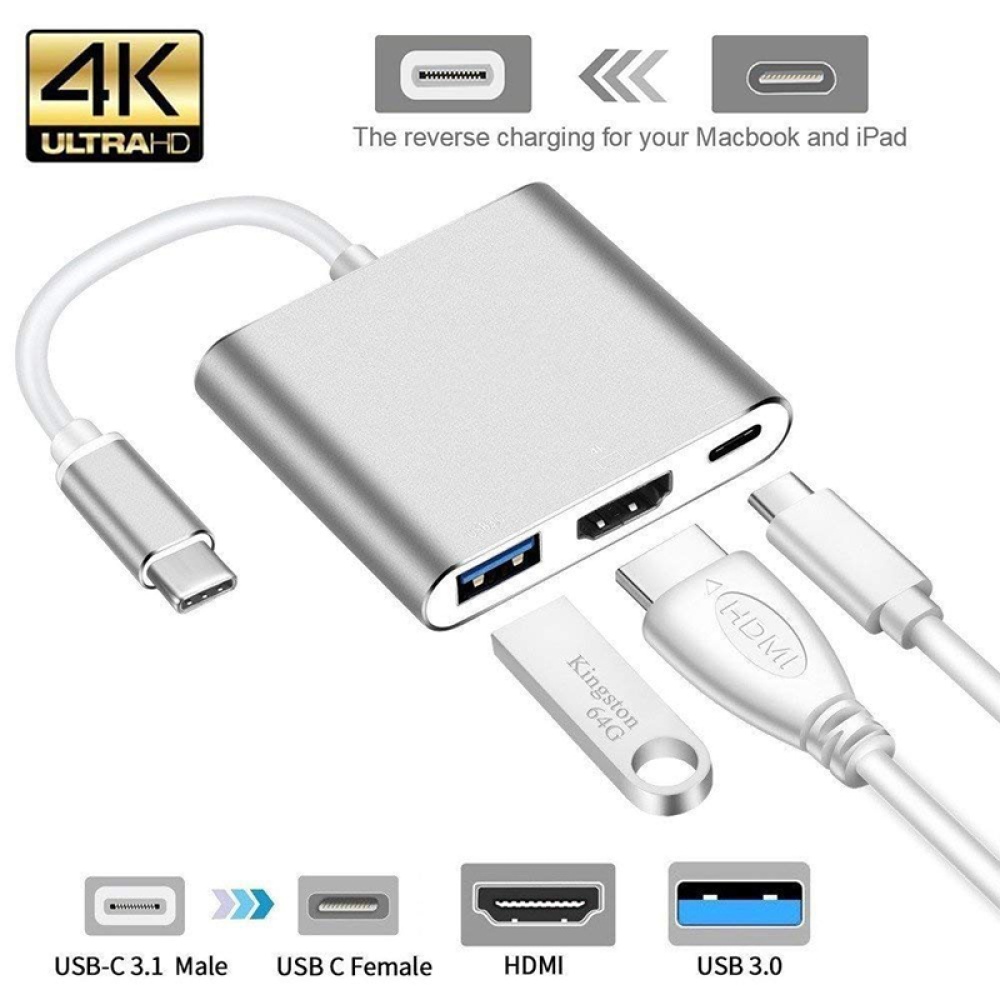 USB Type C Hub HDMI 4K Adapter USB-C to Converter with 3.0 and 3.1 Charging Port for Retina MacBook Silver - Image 2