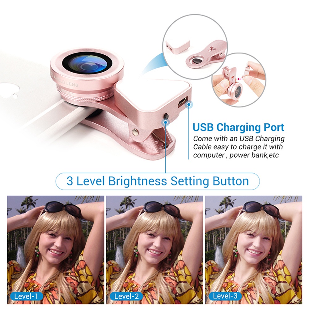 3 in 1 LED Selfie Flash Light Beauty Phone Lens Fill 0.4-0.6X Wide Angle 10X Macro Rose gold - Image 3