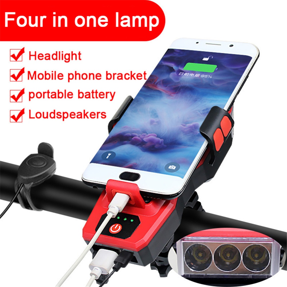 4 in 1 Bicycle Strong Light Headlight Set With Horn Mobile Phone Holder For Bike MTB 909 red_2400ma - Image 3