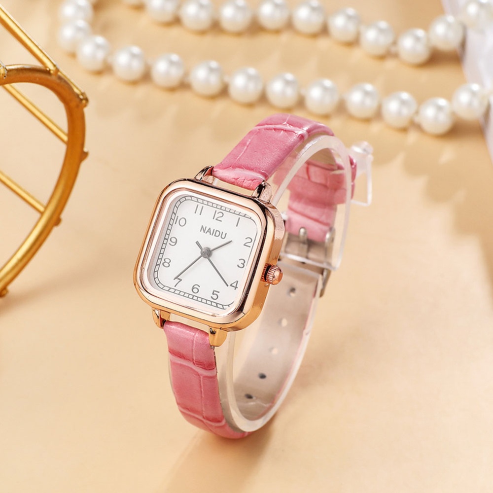 Vintage Small Square Dial Watch with Leather Band for Women Fashion Simple Quartz Pink - Image 2