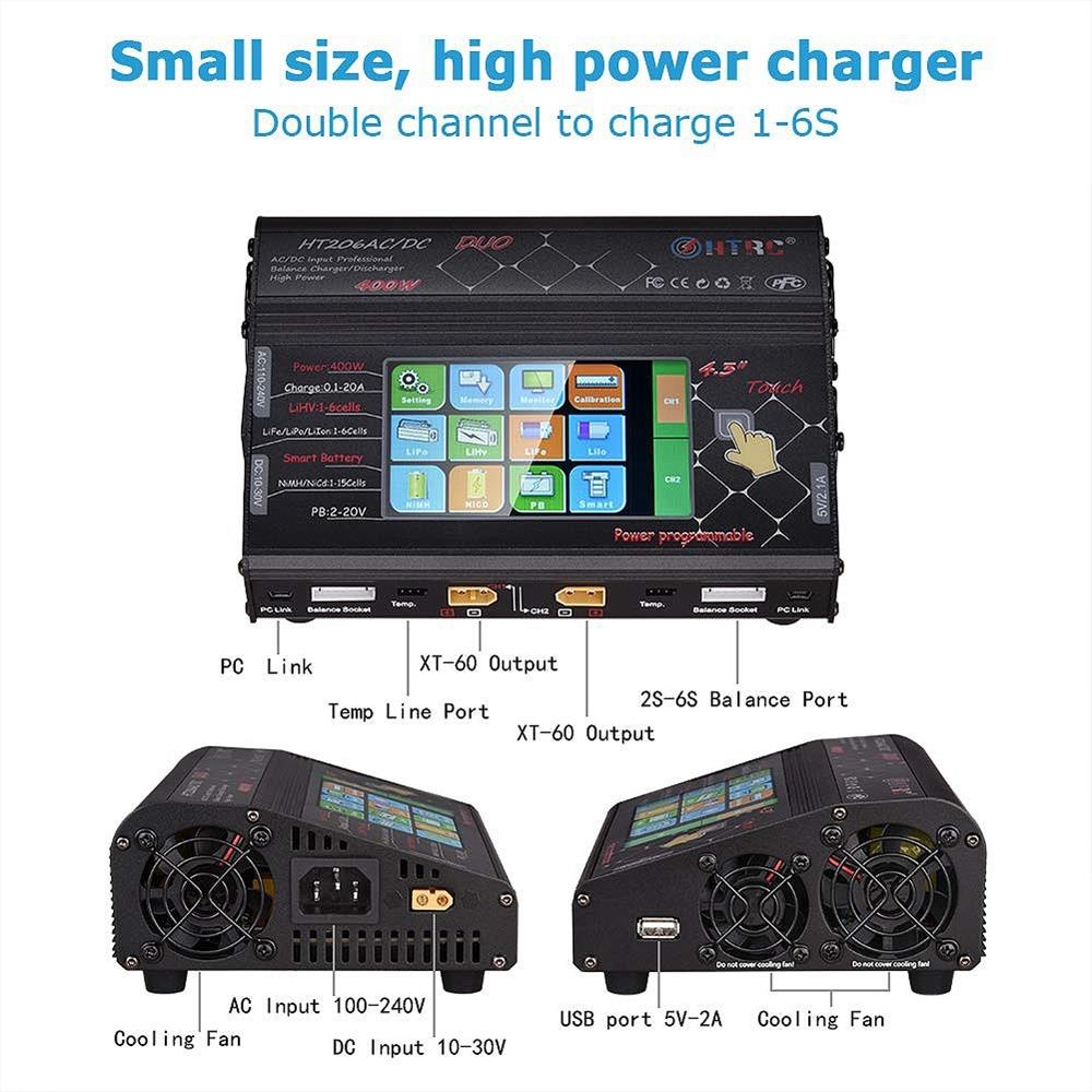 HTRC HT206 RC Battery Charger 4.3inch LCD Touch Screen Balance Discharger AC/DC 3X200W 3X20A UK Plug - Image 3