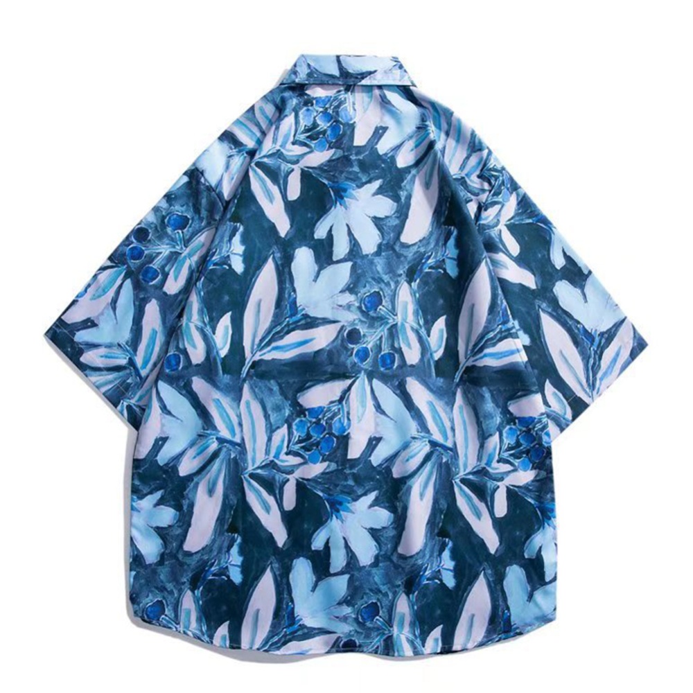 Summer Short Sleeves T-shirt For Men Retro Hawaiian Flower Printing Beach Shirt Lapel Loose Cardigan Tops 3323 blue XXL - Image 3