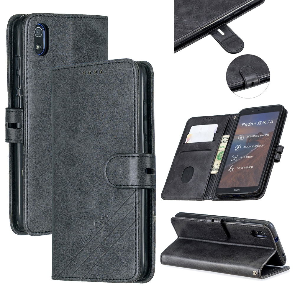 For Redmi 7A Denim Pattern Solid Color Flip Wallet PU Leather Protective Phone Case with Buckle & Bracket black - Image 3