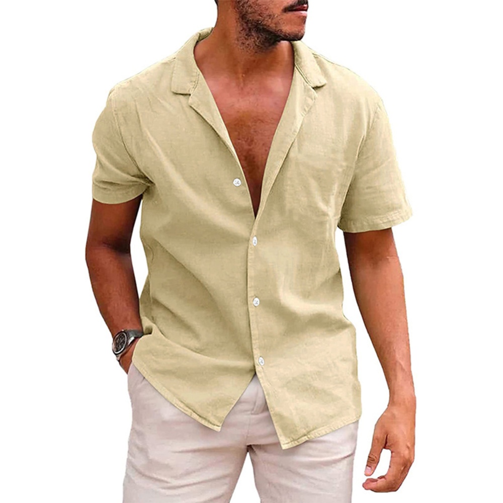 Summer Short Sleeves Shirt For Men Fashion Lapel Cotton Linen Button Cardigan Tops Army Green S - Image 3