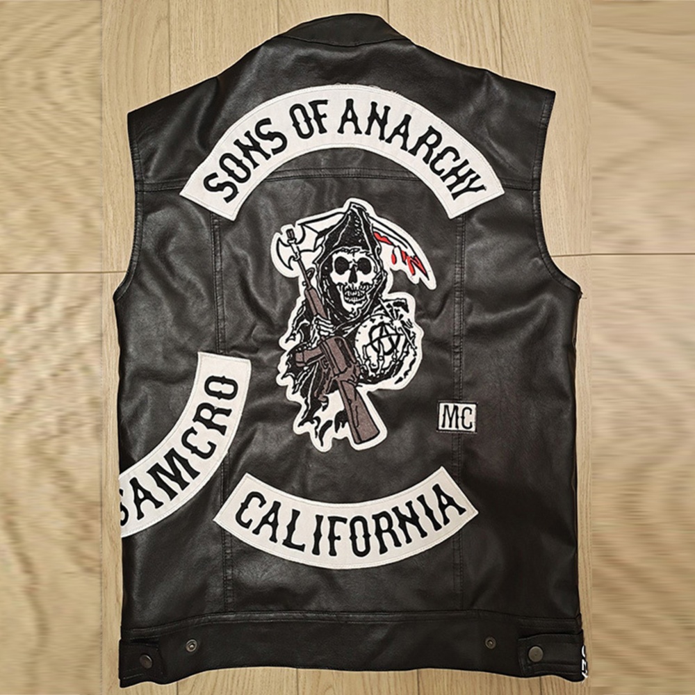 Motorcycle Leather Vest For Men Trendy Hip-hop Style Skull Letter Embroidery Waistcoat Casual Jacket black embroidery M - Image 2