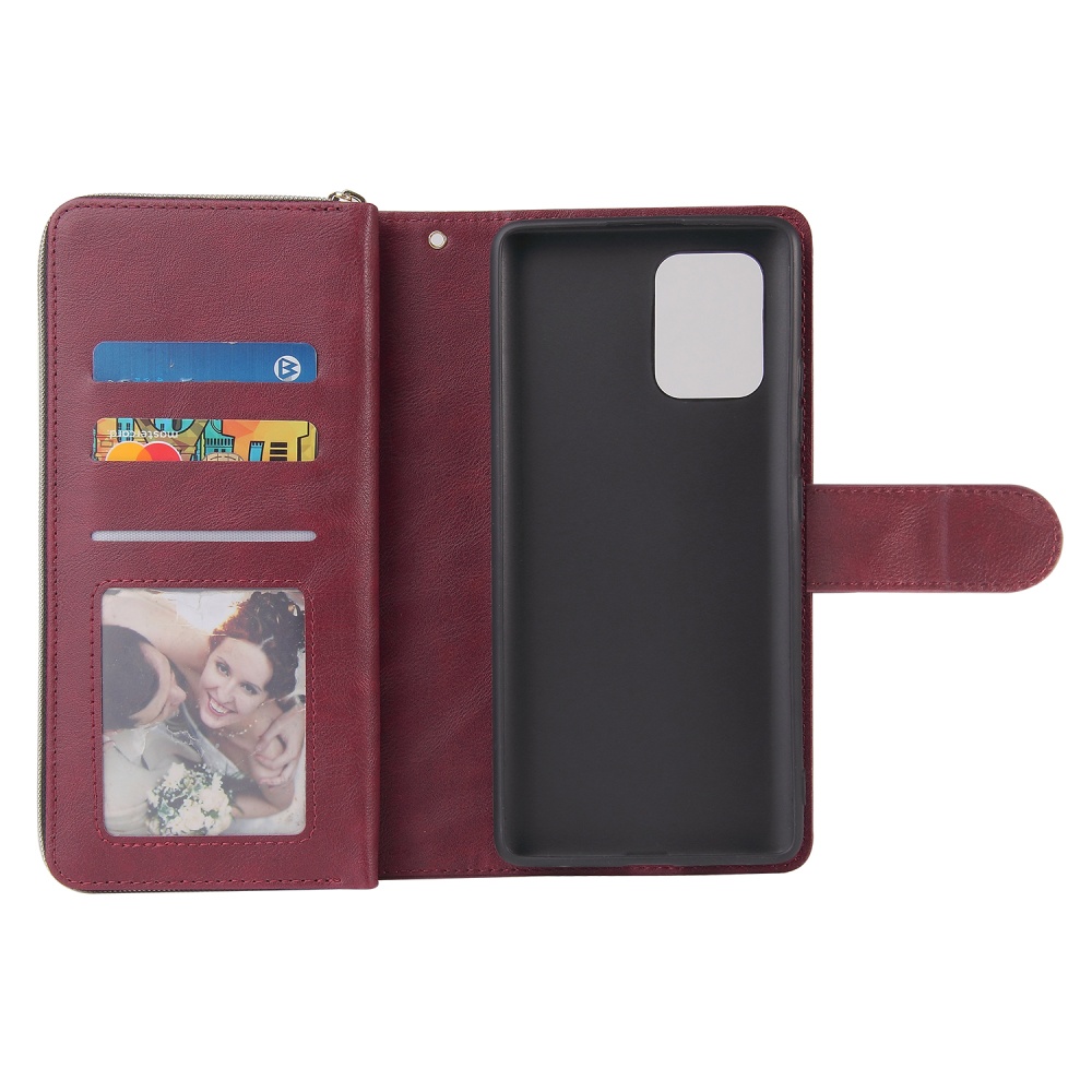 For Samsung S10/S20/S10E/ S10 Plus Pu Leather Mobile Phone Cover Zipper Card Bag + Wrist Strap Red wine - Image 3