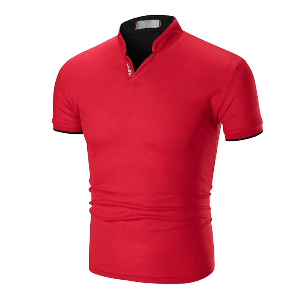 Summer Men Short Sleeves T-shirt Fashion Solid Color Stand Collar Casual Cotton Tops red 2XL - Image 2