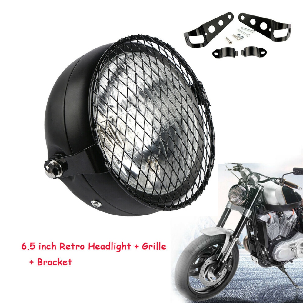 6.5 inches Retro Motorcycle LED Headlight Grill Side Mount Cover with Bracket black - Image 2