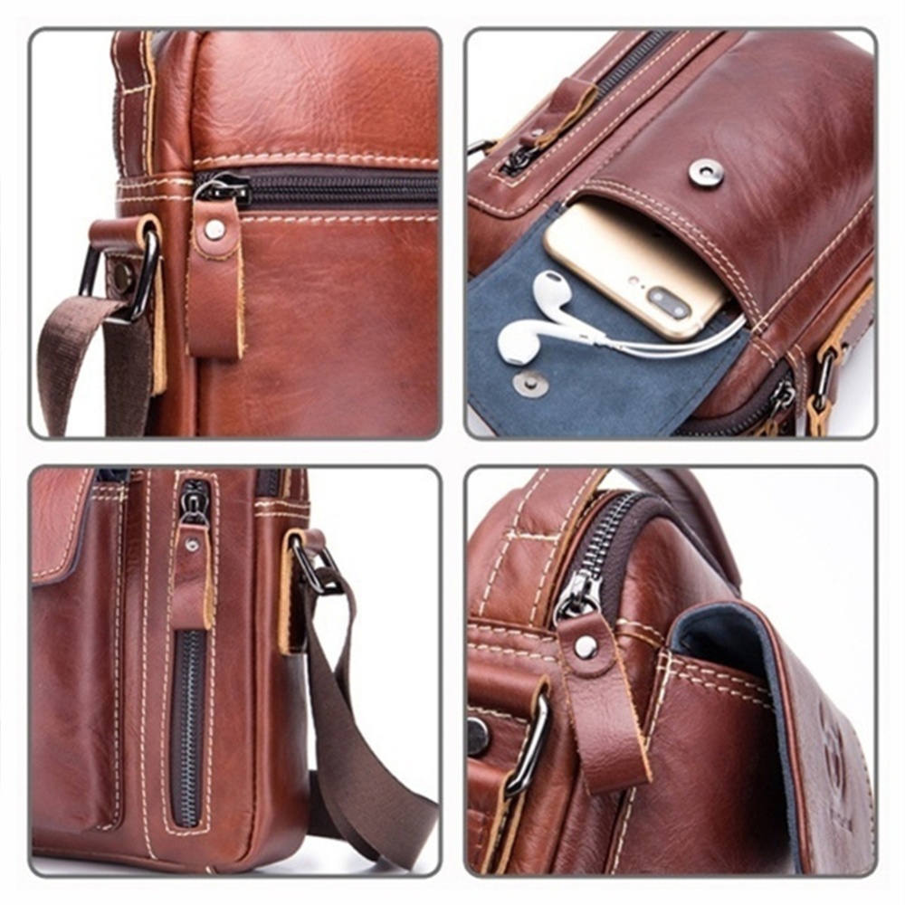 Men's Crossbody Pack Solid Color Sports Leisure Leathe Shoulder Bag Chestnut brown - Image 3