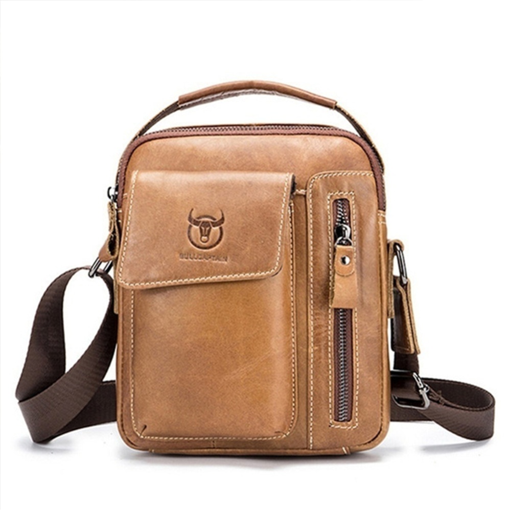 Men's Crossbody Pack Solid Color Sports Leisure Leathe Shoulder Bag Yellowish brown - Image 3