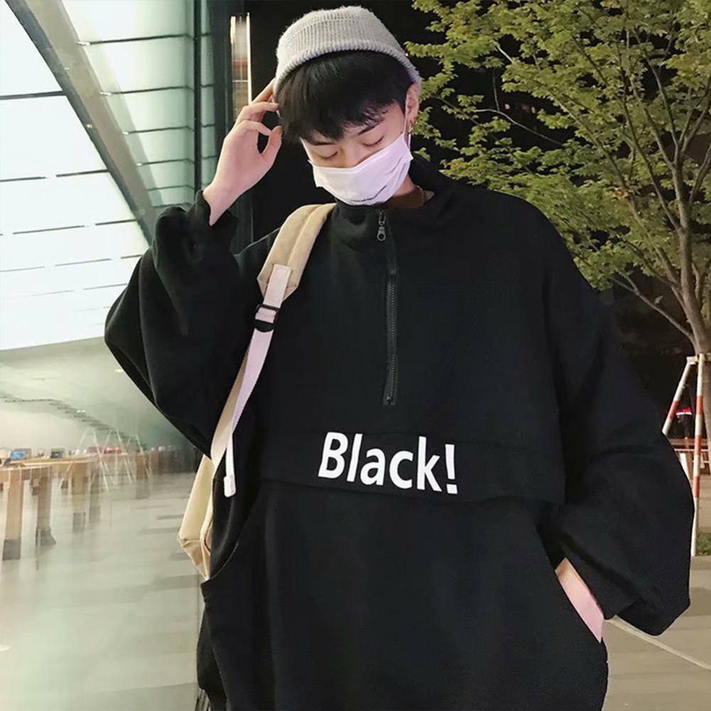 Men's Hoodie Autumn and Winter Loose Pullover Letter Printing Jacket Black _L - Image 2