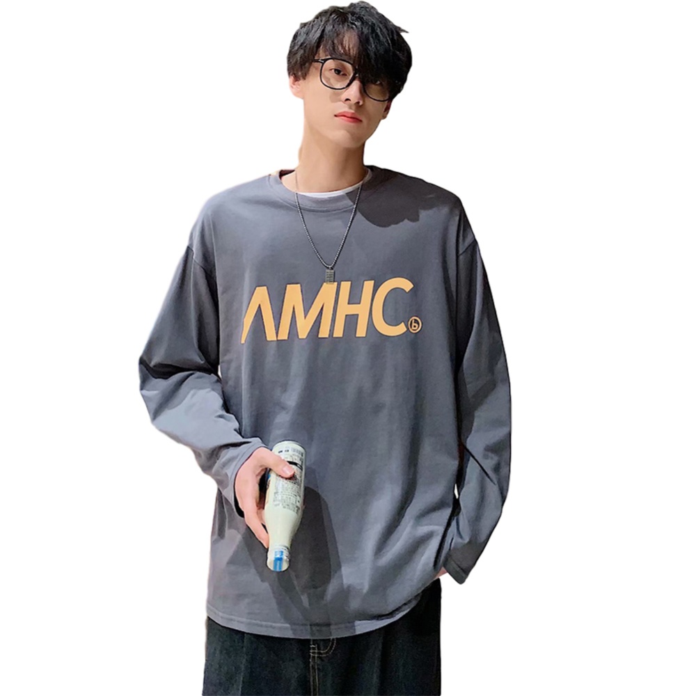 Men's T-shirt Spring and Autumn Long-sleeve Letter Printing Crew- Neck All-match Bottoming Shirt Green _XXL - Image 3