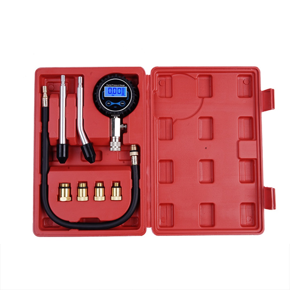 Digital Compression Tester Pressure Gauge Kit Motor Auto Gas Engine Cylinder Motorcycle (With plastic tool box) red box