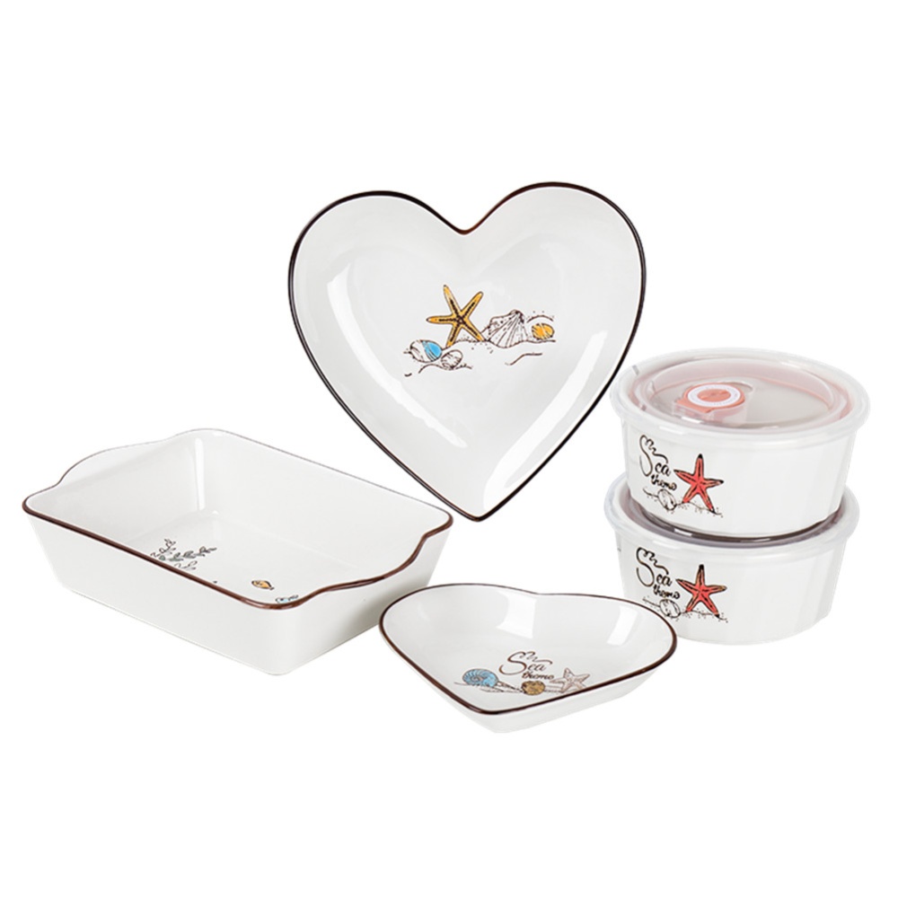 5Pcs/Set Ceramic Tableware Insulated Bowl Baking Plate Heart Sea Starfish Dinnerware Ovenware white - Image 3