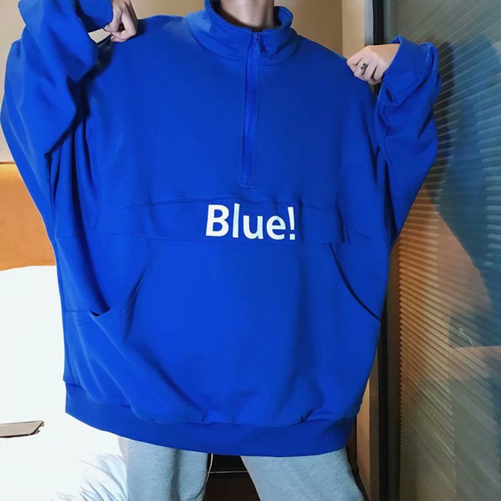 Men's Hoodie Autumn and Winter Loose Pullover Letter Printing Jacket Blue_L - Image 2