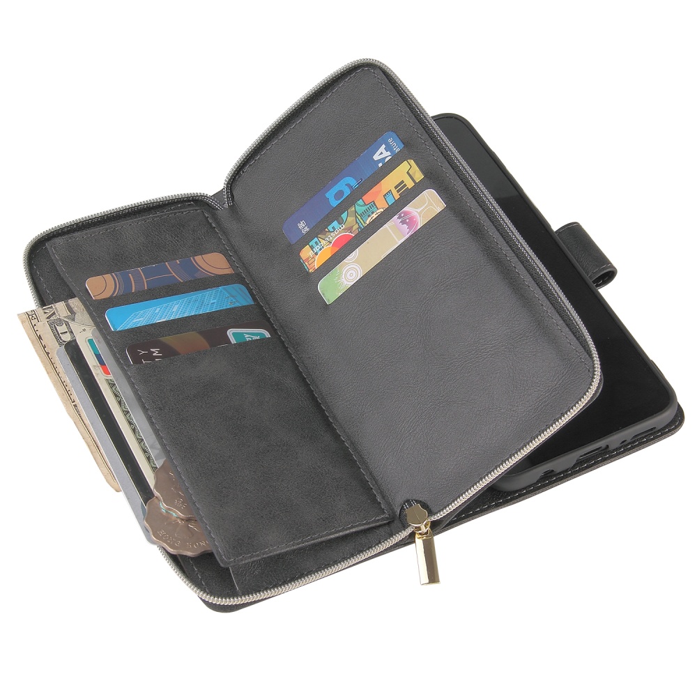 For Samsung A10/A20/A30/A50/A30S/A50S Pu Leather Mobile Phone Cover Zipper Card Bag + Wrist Strap black - Image 3