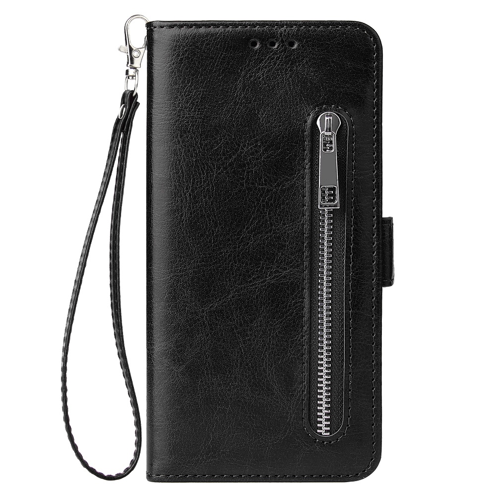 For Samsung A50 Solid Color PU Leather Zipper Wallet Double Buckle Protective Case with Stand & Lanyard black - Image 3