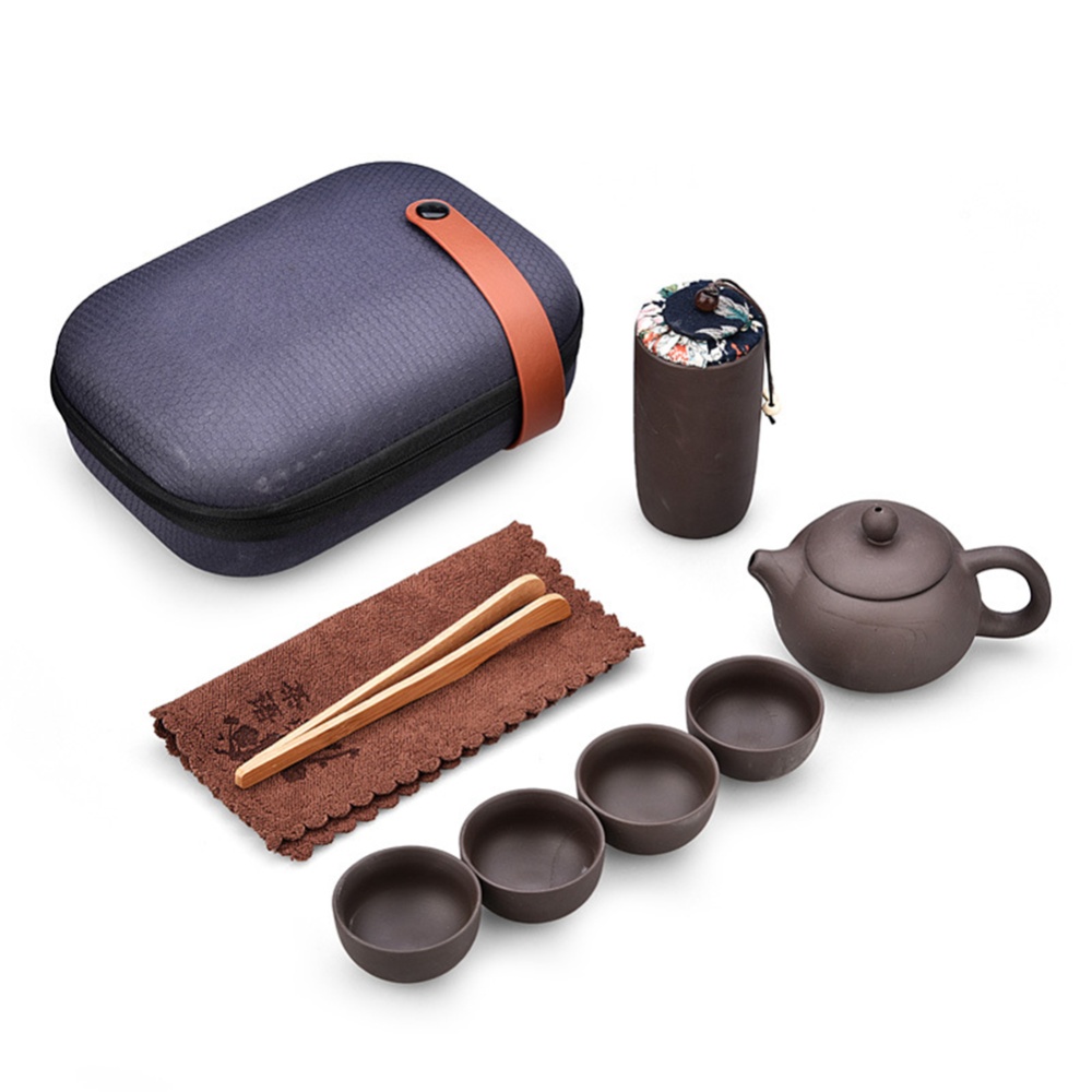 Porcelain Teapot & Teacups Set Travel Portable Ceramic Outdoor Gift 9 pieces, one pot and four cups black purple sand mark bag set - Image 2