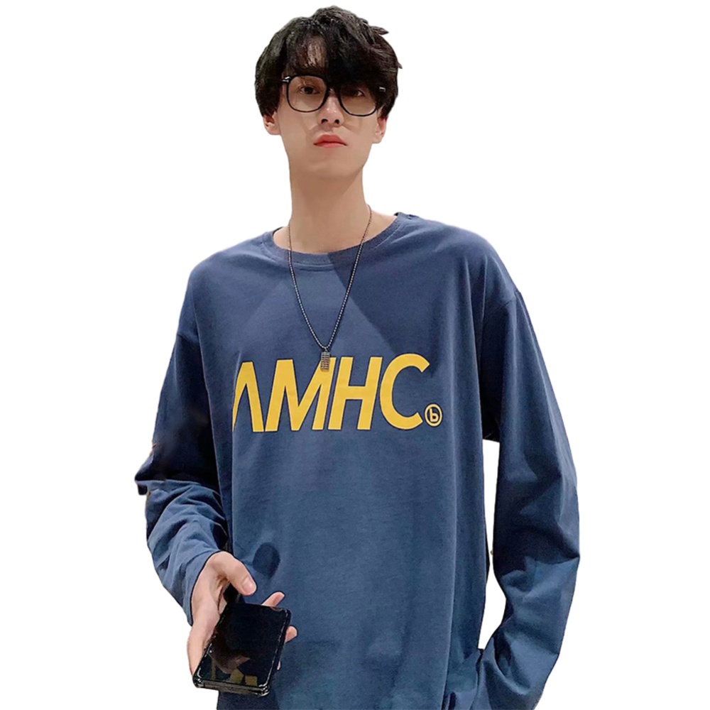 Men's T-shirt Spring and Autumn Long-sleeve Letter Printing Crew- Neck All-match Bottoming Shirt Brown_XXL - Image 3