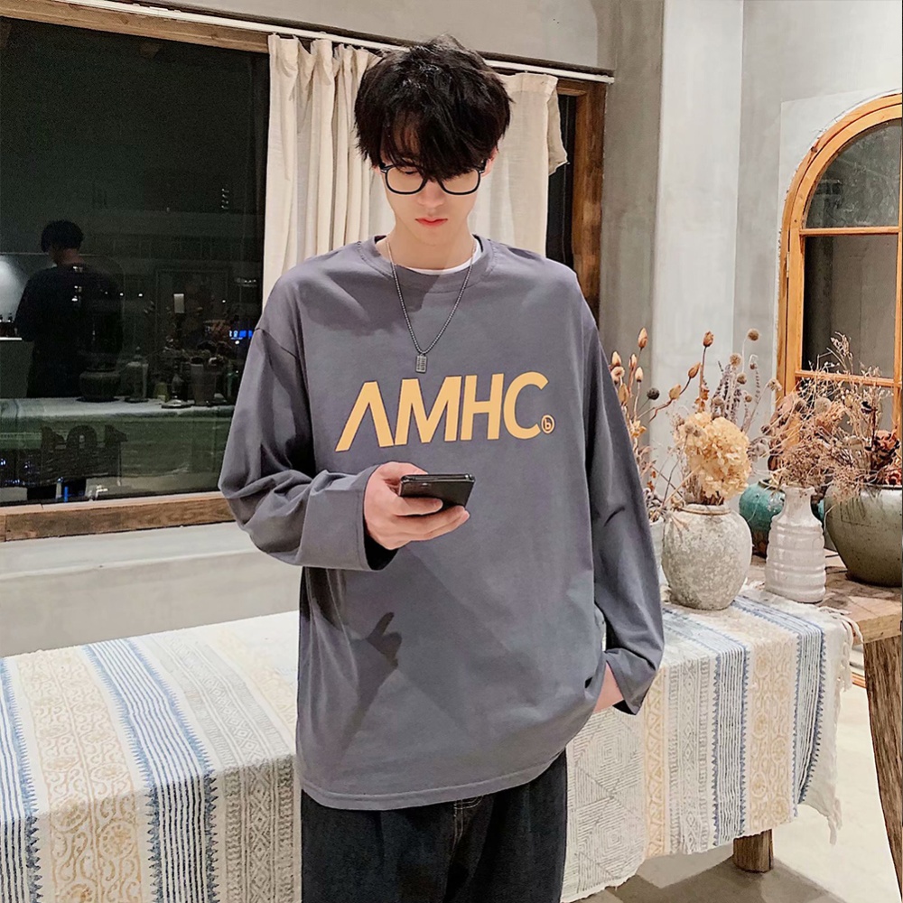 Men's T-shirt Spring and Autumn Long-sleeve Letter Printing Crew- Neck All-match Bottoming Shirt Gray _M - Image 2