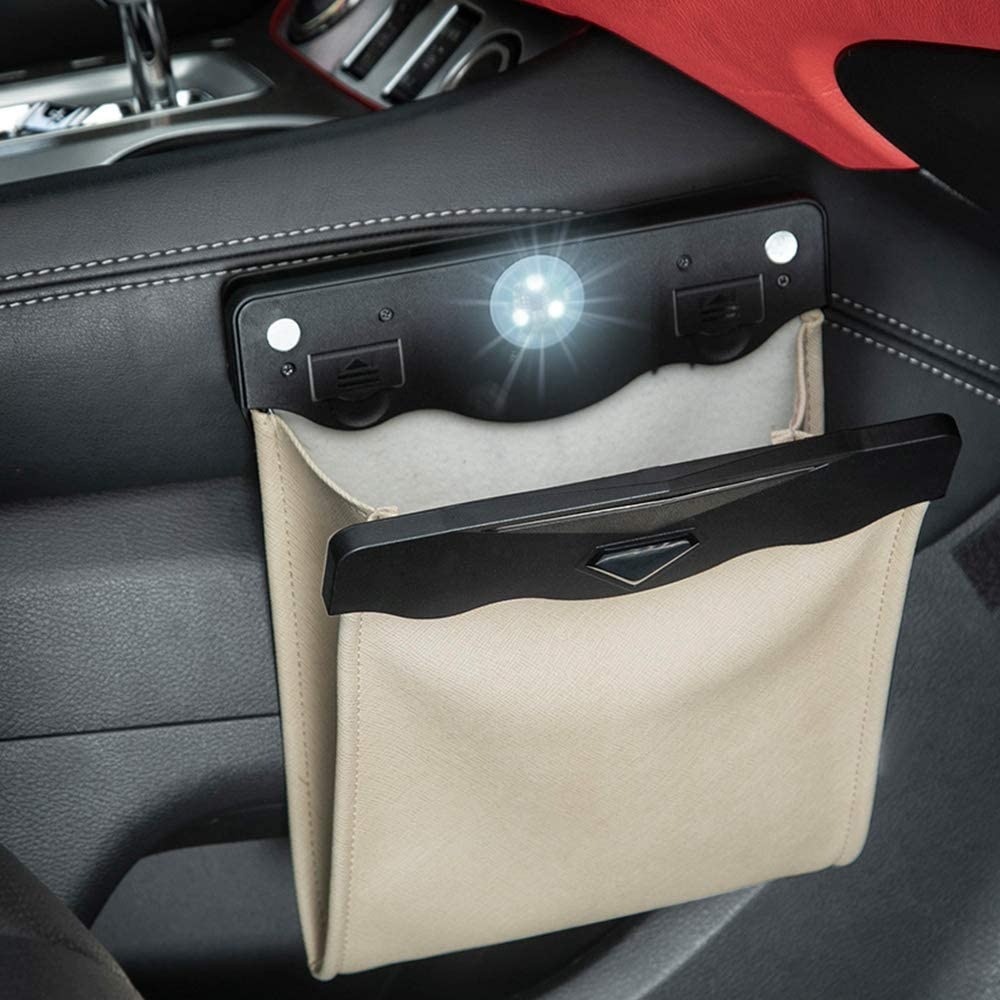 Car Garbage Can Multipurpose Hanging Trash Bags Waterproof For Back Seat Beige with LED light - Image 2