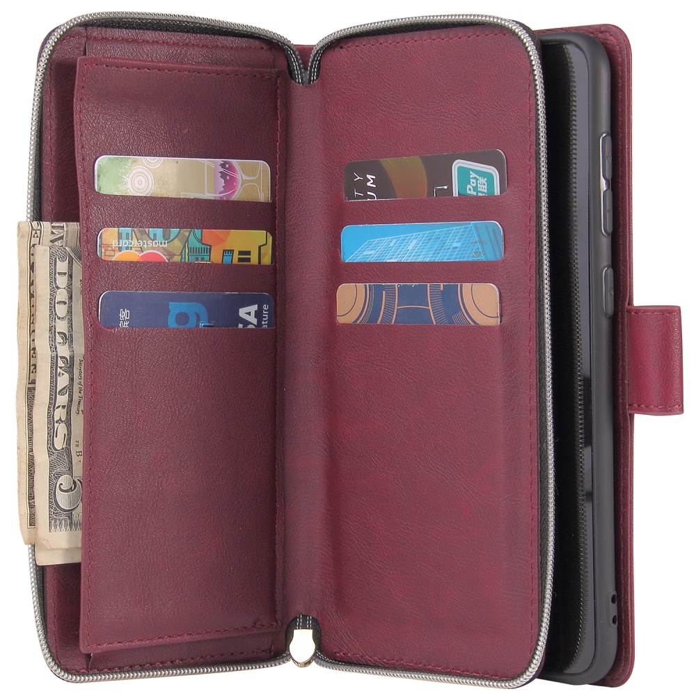 For Samsung A10/A20/A30/A50/A30S/A50S Pu Leather Mobile Phone Cover Zipper Card Bag + Wrist Strap Red wine - Image 3