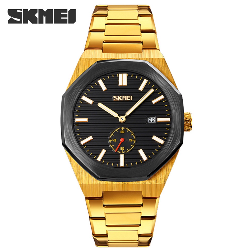 SKMEI Business Men Quartz Watches Steel Band Waterproof Fashion Octagonal Wristwatch Gold shell black dial - Image 2