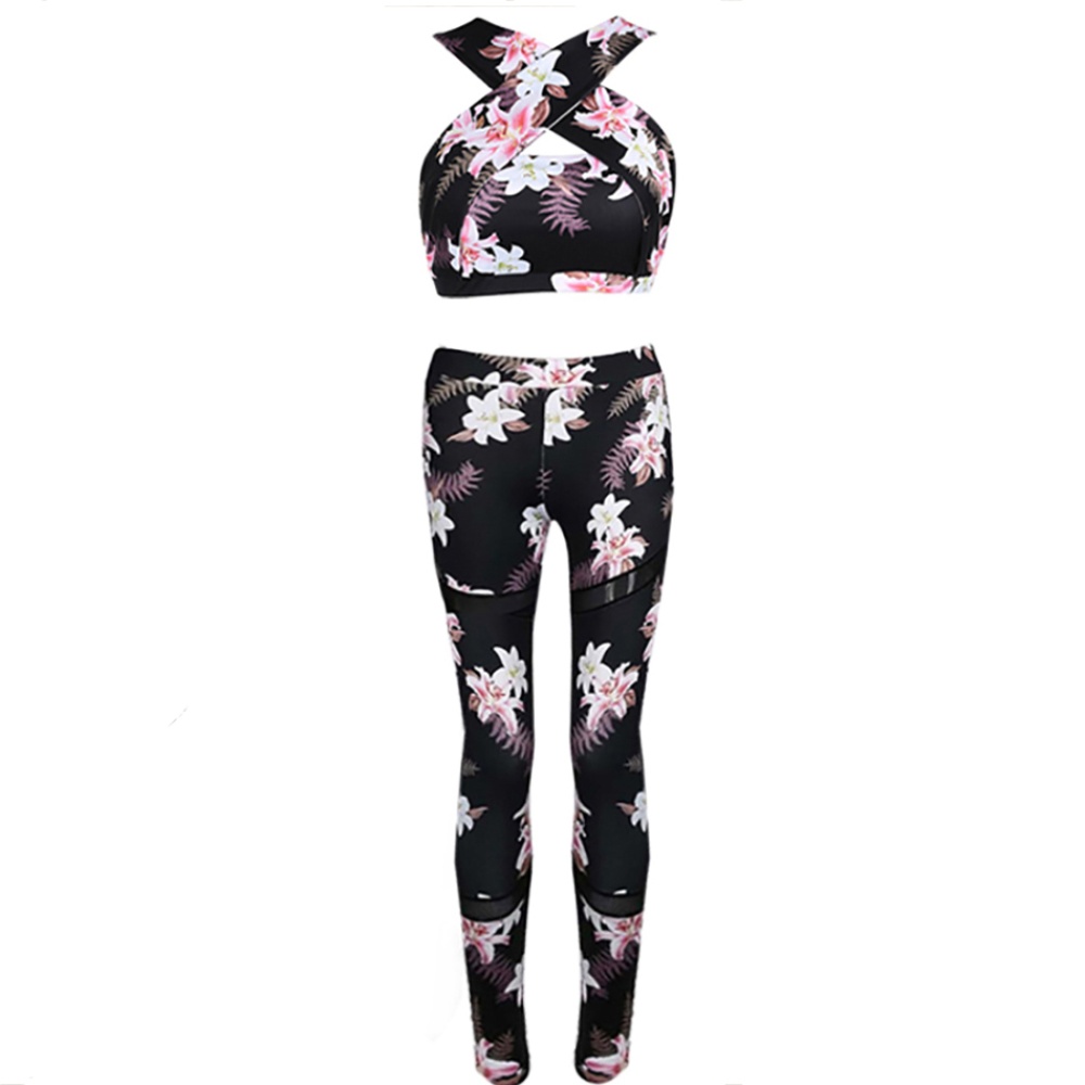 2Pcs/Set Women Yoga Floral Print Bra+Long Pants Sportsuit for Fitness Sport Suit 2pcs/set_S - Image 3