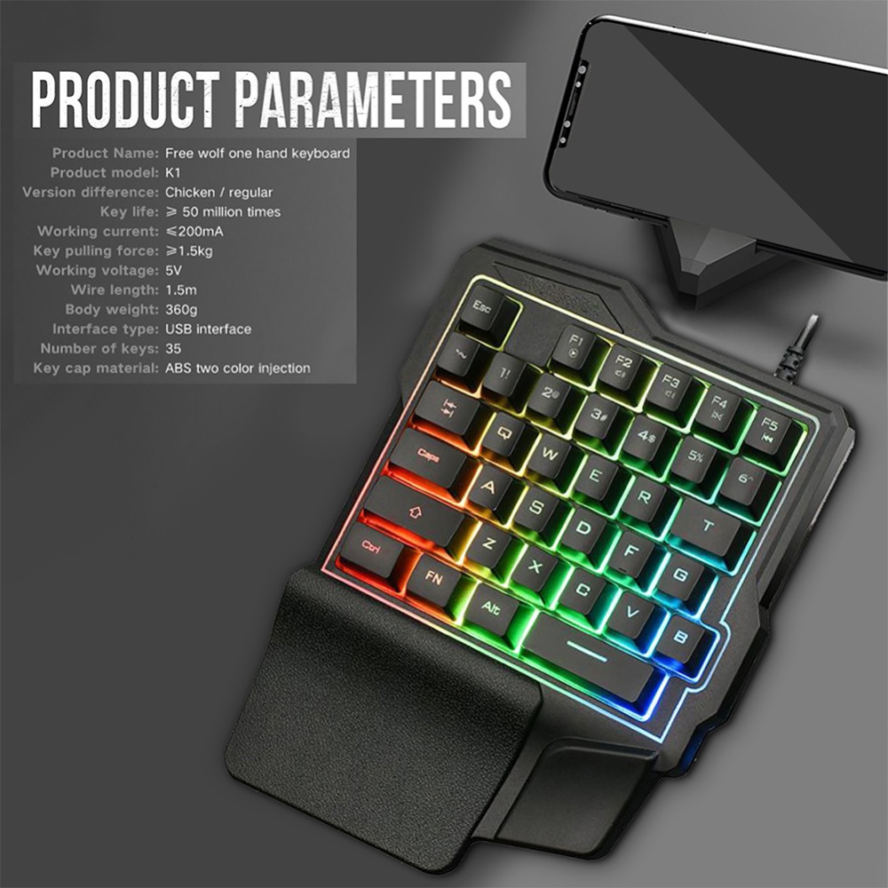 K7left Hand Wired 35 Keys Keyboard Backlit Game USB Connection Luminouse Black - Image 3