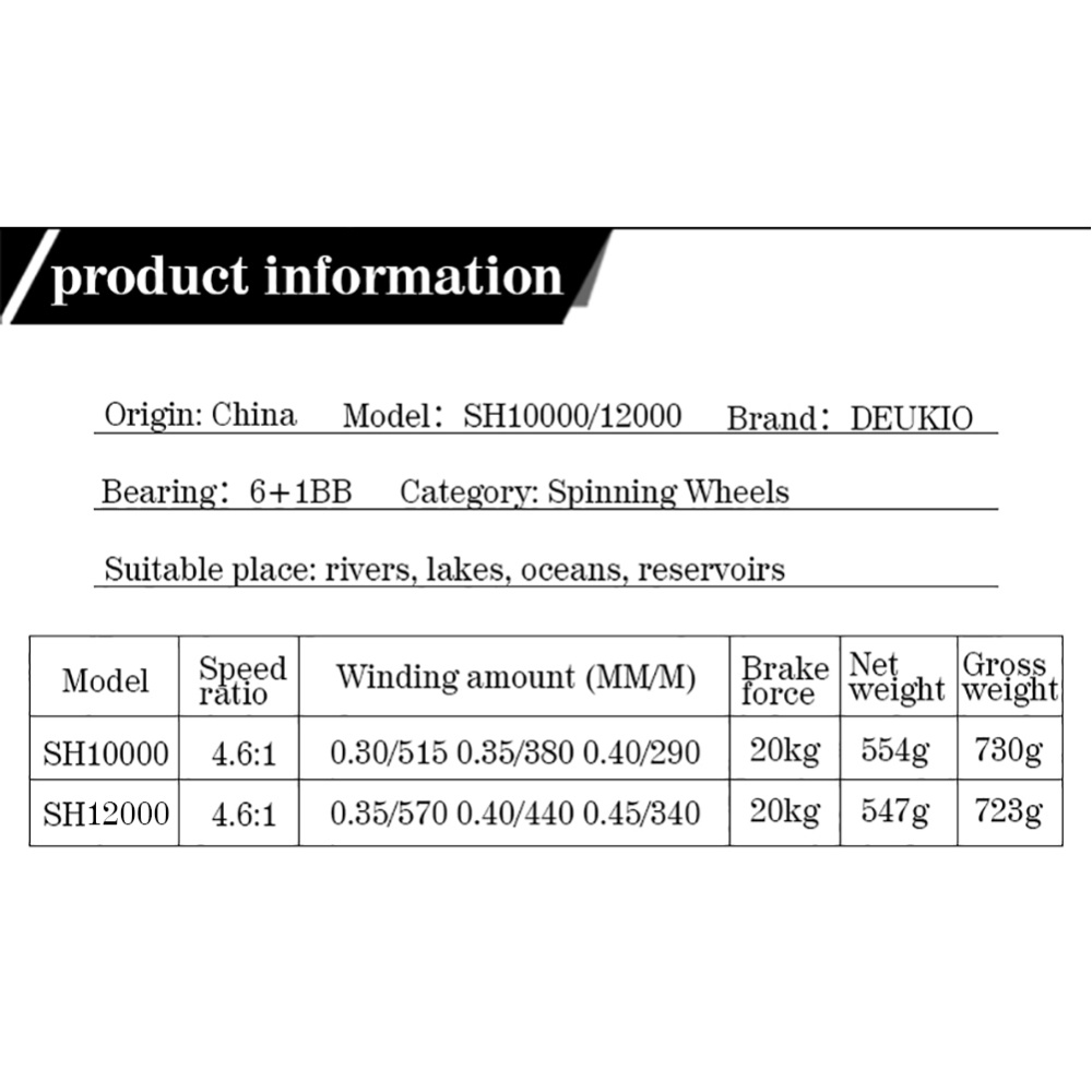 DEUKIO 6+1 Bearings Spinning Reel SH10000/12000 Long Cast Fishing 20kg/44lb Drag Metal Spool Left Right Hand Exchangeable Saltwater SH12000 - Image 3