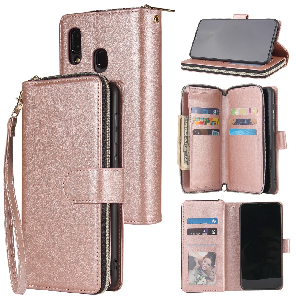 For Samsung A10/A20/A30/A50/A30S/A50S Pu Leather Mobile Phone Cover Zipper Card Bag + Wrist Strap Rose gold - Image 3