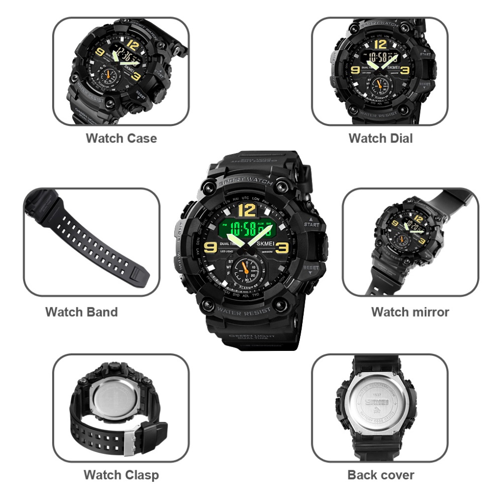 SKMEI Men Digital Sports Wrist Watch 50m Waterproof 3 Time Chrono Led Display Big Dial Electronic Gray-black - Image 3