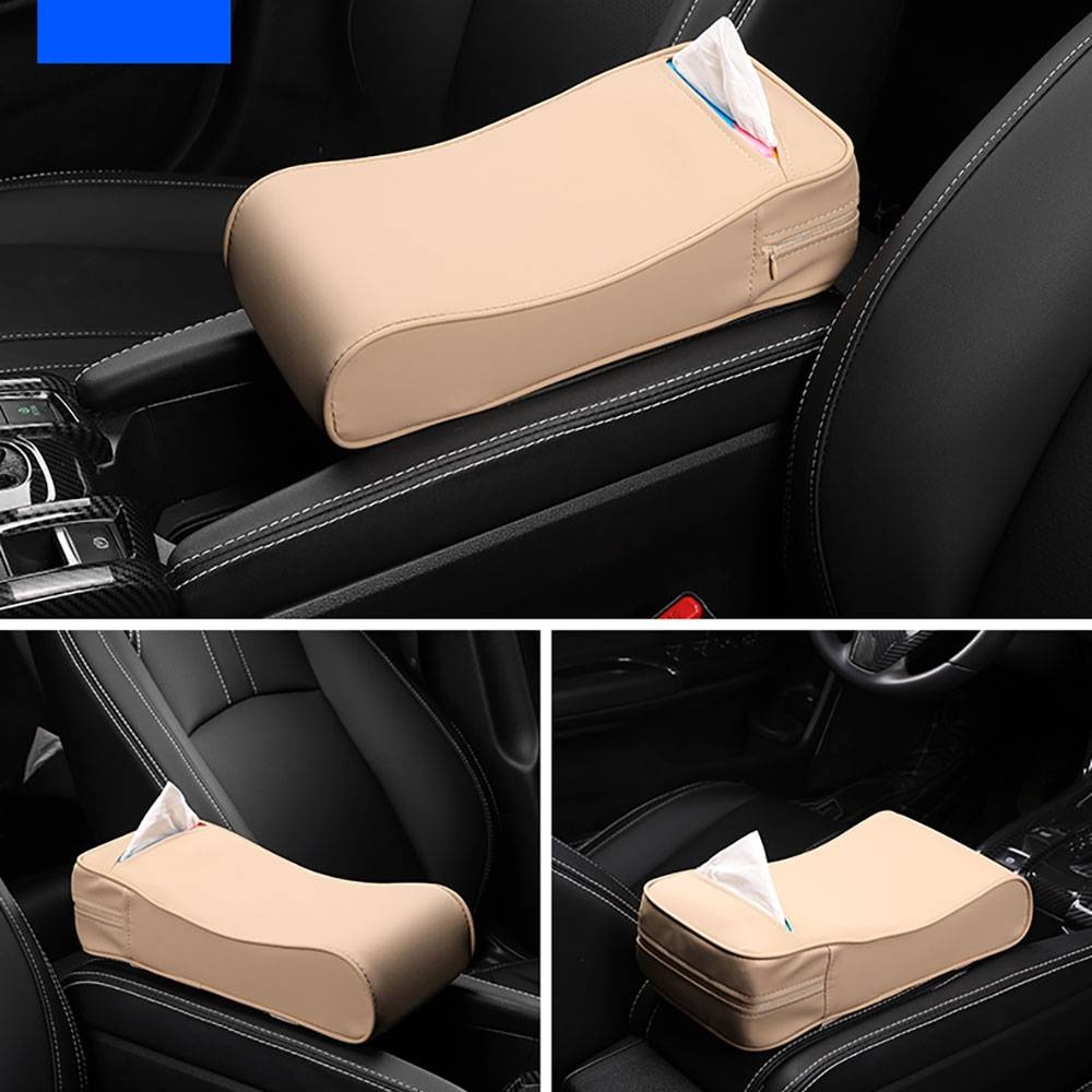 2-in-1 Car Armrest Pad Paper Tissue Holder Towel Box Central Arm Rest Memory Foam Cushion Parts beige - Image 2