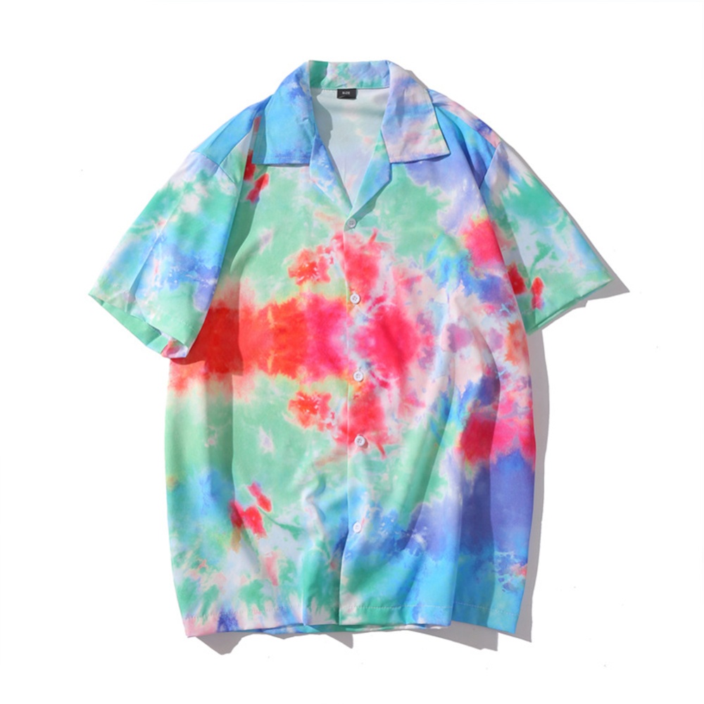 Trendy Short Sleeves T-shirt For Men Women Tie-dye Printed Gradient Color Tops Lapel Loose Cardigan Shirts As shown M - Image 2